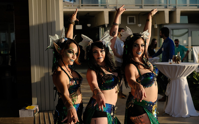 From left to right: Scripps MAS MBC alumna Ali Mariko Dressel, Lorena Martinez Burr, and Sadie Adair perform as seaweed dancers as part of ResilienSEA. Photo: ResilienSEA (Captured by Justin Dressel)
