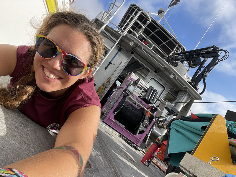  In-between instrument deployments, Scripps oceanographic engineer Sara Goheen snaps a selfie while onboard R/V Beyster.