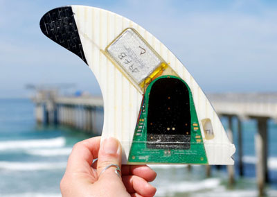 The surfboard-mounted science instrument Smartfin. Photo: Kat Hammond