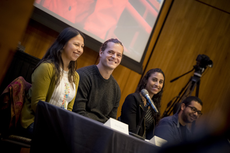 Scripps graduate students Anai Novoa, Kiefer Forsch, Tashiana Osborne, and Ivan Moreno participate in a pre-event science panel, sharing their path to science with local eighth graders.