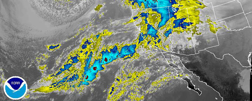 NOAA GOES satellite imagery of atmospheric water vapor reaching California Jan. 7