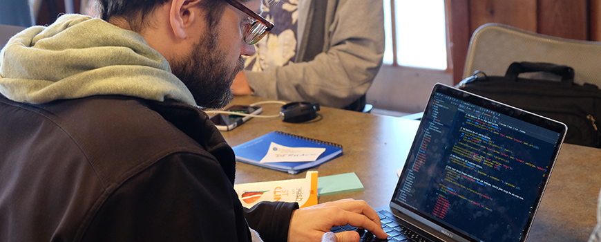 Computer programmer Cameron Beccario, creator of weather data visualization earth.nullschool.net, at Scripps-hosted hackathon