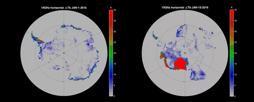 Progression of surface melt on the West Antarctic Ice Sheet. Image: Ryan Scott