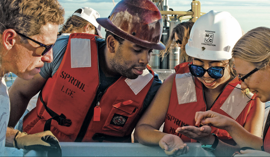Daniel Conley and other Scripps students conduct field work aboard R/V Robert Gordon Sproul. Photo: Cody Gallo